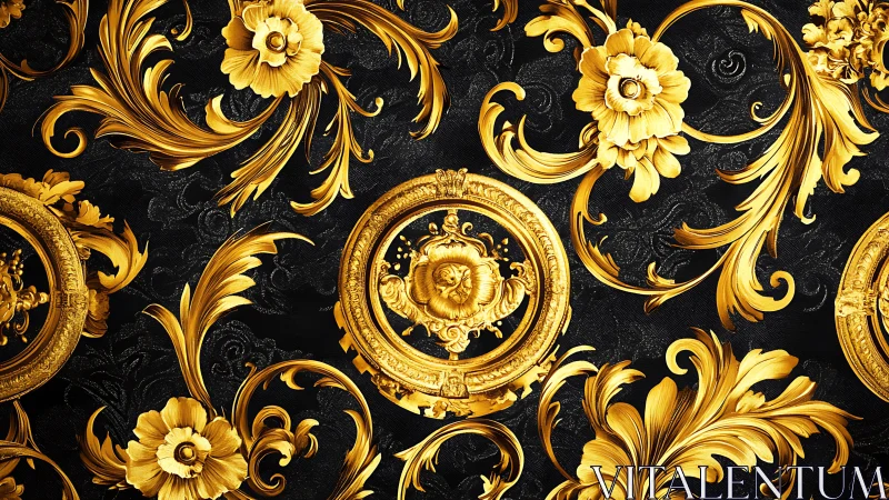 Golden baroque florals curling across midnight black.
