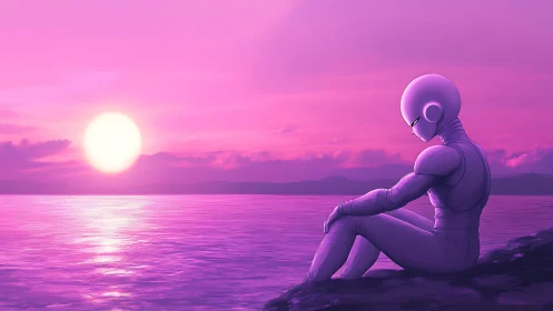 Solitary humanoid android at magenta coastal sunset horizon