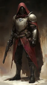 Hooded armored gunfighter stands in worn red cloak