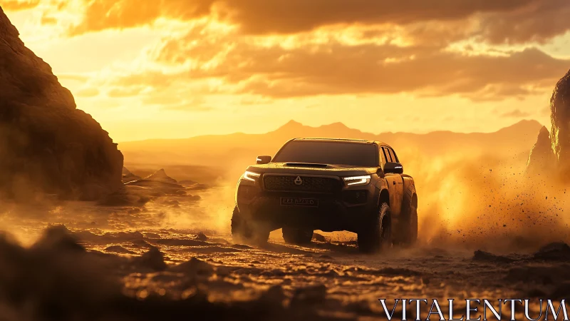 Sunlit desert truck kicking up dust in golden adventure.