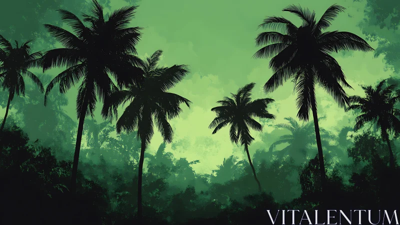 Mystical Jungle Emerald: Silhouetted Palms in Enchanted Mist