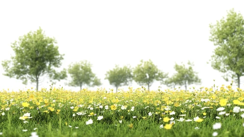 Meadow daydream under hazy sky and soft marching trees.