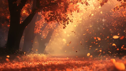 Autumn forest path with falling leaves in warm backlight.