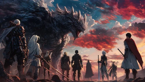 Storm-clad dragon roars as twilight heroes form a circle.