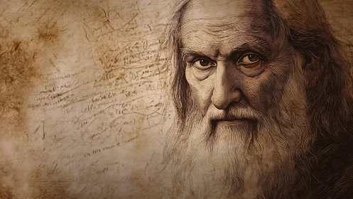 Weathered sage gazes out from rich sepia sketch portrait