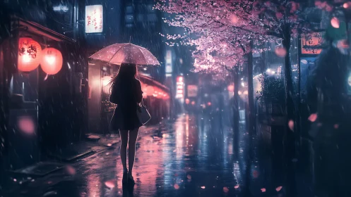 Woman under pink umbrella walks neon cherry blossom street.