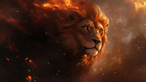 Majestic firelit lion emerging through swirling embers.