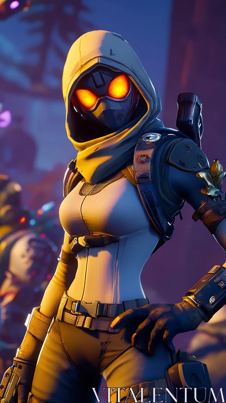 Hooded armored figure with glowing visor stands in foreground