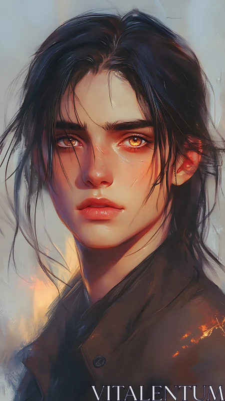 Intense portrait of young woman with glowing amber eyes.