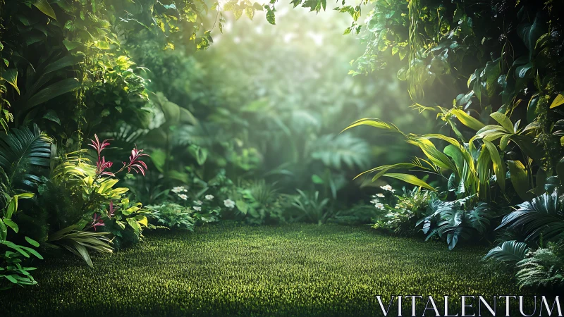 Lush jungle garden with tropical plants and sunlit clearing