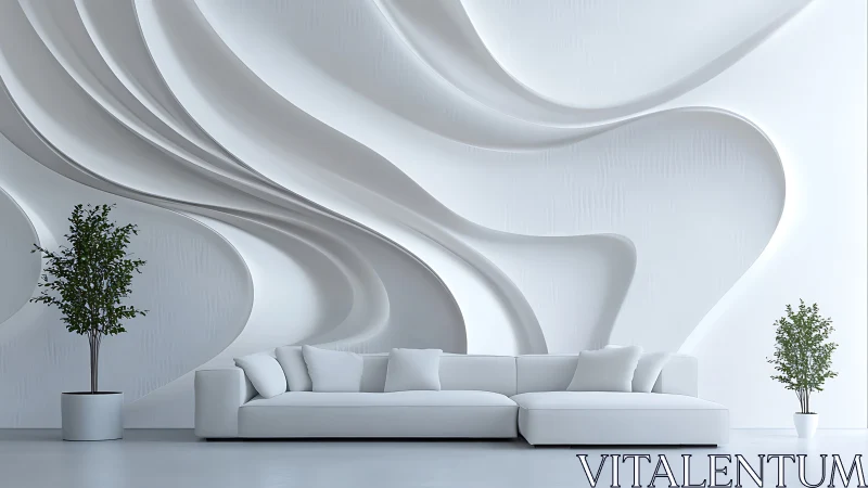 Sculpted white lounge wall flows behind minimalist sofa.