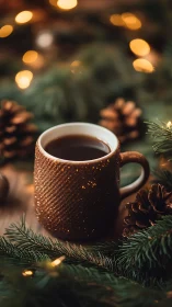 Glittered ceramic mug of dark liquid stands among fir branches