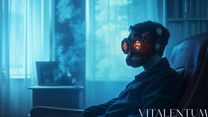 Masked figure with glowing respirator sits in blue-lit room