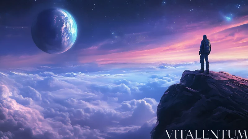 Skyline wanderer gazes at distant planet above cloud oceans.