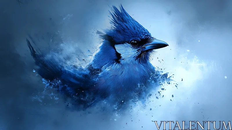 Shimmering blue jay rising from a dreamy winter haze.