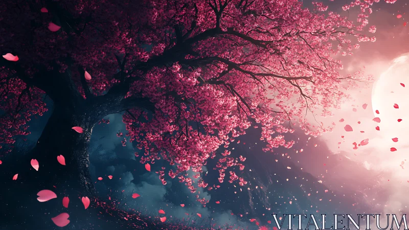 Digital painting of lunar-lit cherry tree with drifting petals.