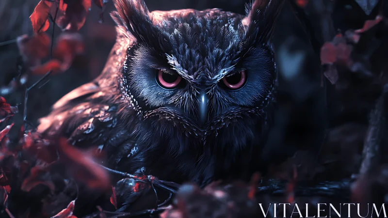 Midnight owl gazes calmly through soft red forest shadows
