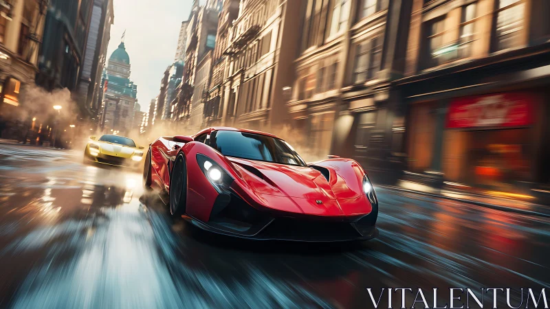 Red hypercar races through wet cinematic downtown streets.