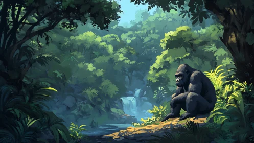 Solitary gorilla near forest stream and distant waterfall.