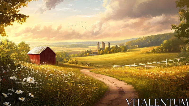 Golden hour country road winds toward a distant peaceful farm