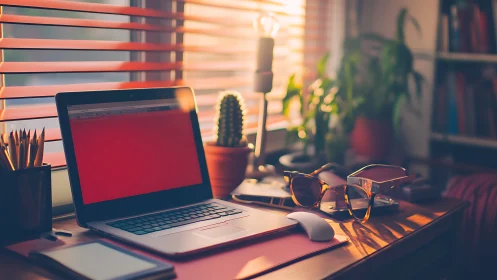 Cozy home office desk glows in warm evening sunlight.