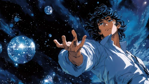 Celestial vector boy amid refractive stellar bubblescape.