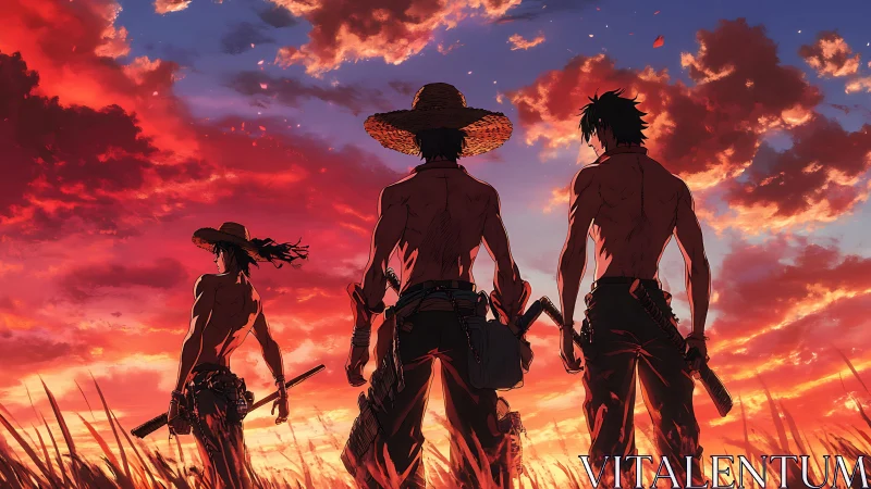 Sunset silhouettes of three warriors in blazing sky field.