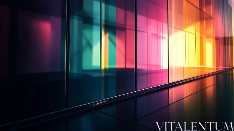 Colored glass wall panels with gradient light reflections.