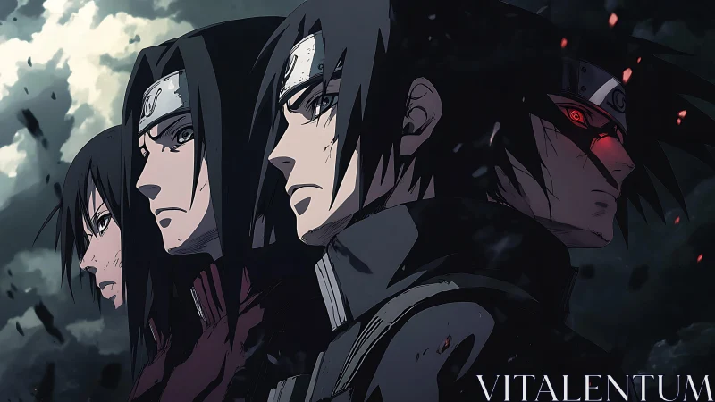 Four anime warriors stare forward with intense focus