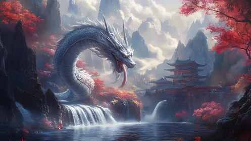 Serpentine white dragon arcs above tiered waterfalls in misty valley