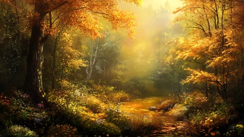 Golden Autumn Forest Stream: Luminous Woodland Landscape with Radiant Foliage.