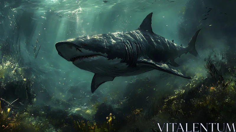 Large shark swims through dimly lit underwater seafloor habitat