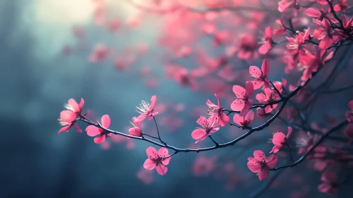 Pink flowering branches photographed against softly blurred background