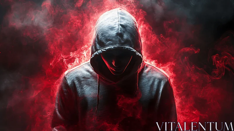 Hooded shadow walks through blazing red digital smoke storm.