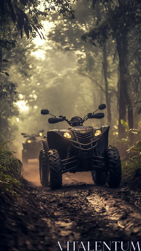 All-terrain quad bikes driving on muddy forest trail.