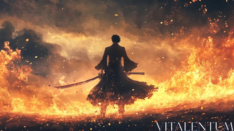 Silhouetted swordsman standing amid surrounding firestorm.