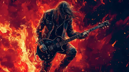 Guitarist silhouette stands before stylized red flame field