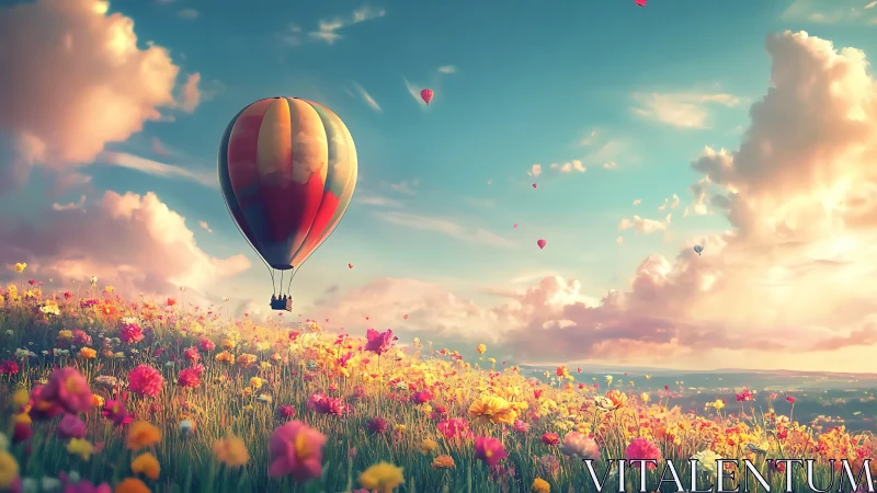 Gentle hot air balloon drifts above a glowing flower meadow