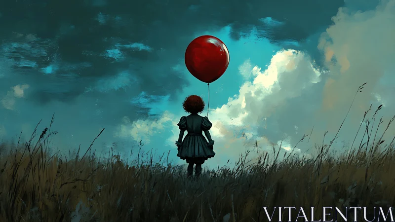 Quiet field daydream with a red balloon and stormy sky.