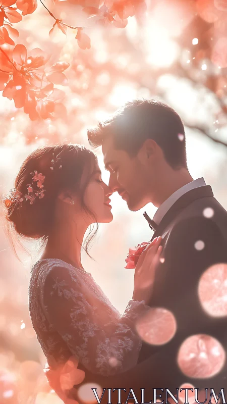 Couple in Wedding Attire Backlit by Floral Canopy