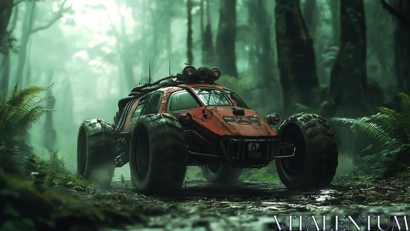 Heavily modified off-road vehicle in dense forest trail.