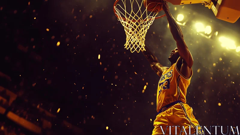 Soaring basketball dunk under blazing arena lights at night.