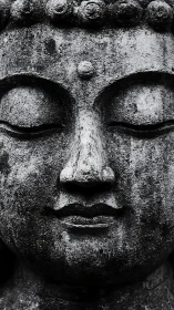 Stone Buddha face in tight monochrome meditative closeup.