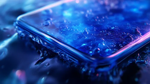 Waterproof smartphone submerged in glowing blue water.