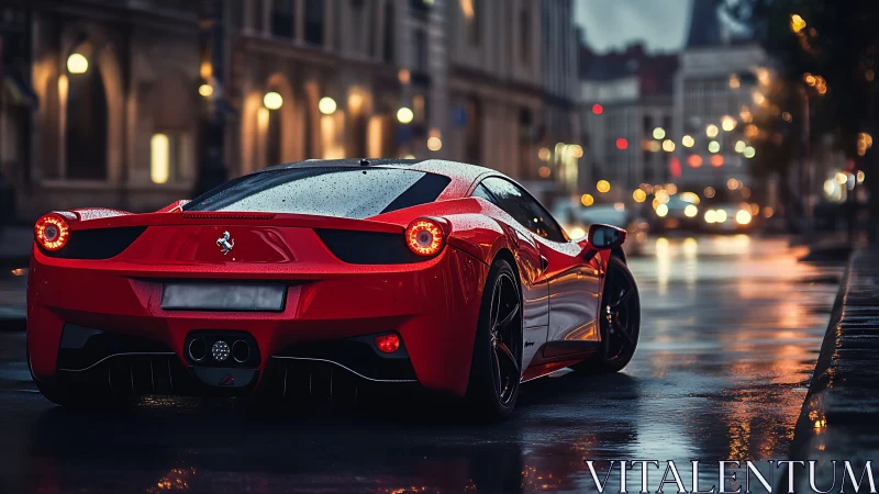 Red mid-engine sports car is parked on wet city street