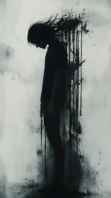 Shadowed silhouette unraveling into inky quiet storms.