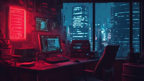 Computer workstation overlooks dense illuminated cityscape