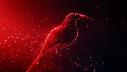 Crimson digital bird woven from light and stardust lines.