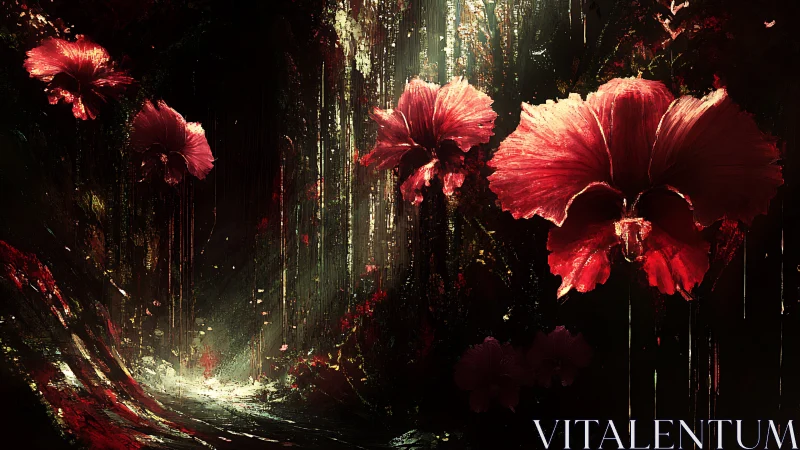 Crimson flowers hover over dark cavernous lightfall.
