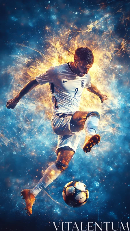 Fiery soccer player leaps into action against a cosmic sky